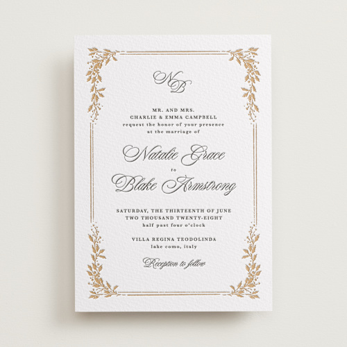 This is a faux gold letterpress wedding invitations with letterpress by Kate Ahn called lake como printing on somerset500 in standard