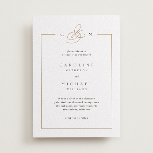 This is a faux gold letterpress wedding invitations with letterpress by Kelly Schmidt called framed monogram printing on somerset500 in standard