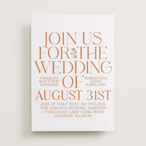 This is a pumpkin letterpress wedding invitations with letterpress by Baumbirdy called floral emblem printing on somerset500 in standard