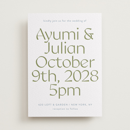 This is a pistachio letterpress wedding invitations with letterpress by Melanie Kosuge called ayumi printing on somerset500 in standard