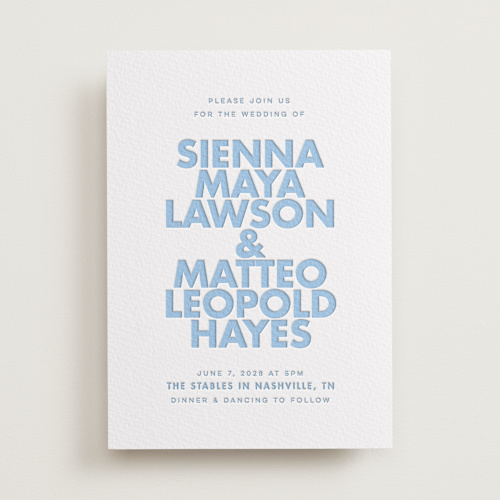 This is a sky blue letterpress wedding invitations with letterpress by Ellen Schlegelmilch called sienna printing on somerset500 in standard