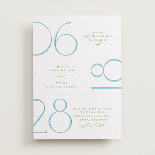 This is a pool letterpress wedding invitations with letterpress by Owl and Toad called numerical printing on somerset500 in standard