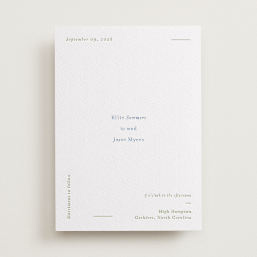 This is a sky blue letterpress wedding invitations with letterpress by Blustery August called tuscany printing on somerset500 in standard