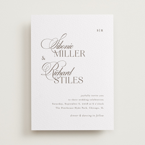 This is a coffee letterpress wedding invitations with letterpress by Melanie Kosuge called sibonie printing on somerset500 in standard