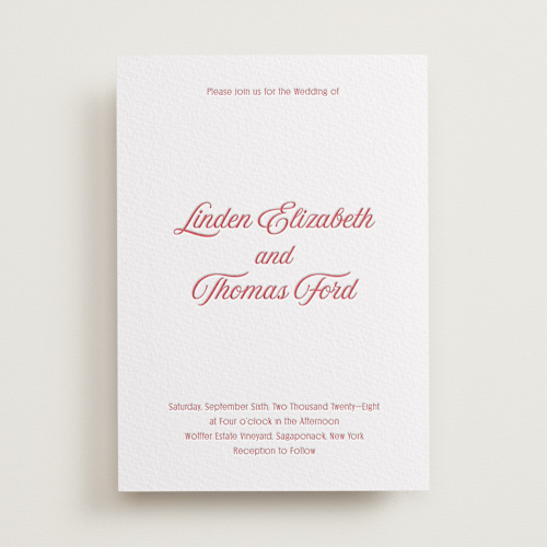 This is a scarlet letterpress wedding invitations with letterpress by Nicoletta Savod called ritzy printing on somerset500 in standard