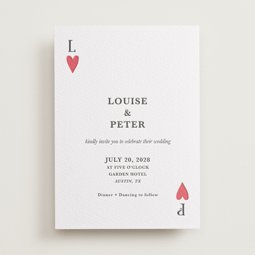 This is a scarlet letterpress wedding invitations with letterpress by Helena Vitto called red hearts printing on somerset500 in standard