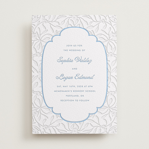 This is a sky blue letterpress wedding invitations with letterpress by Morgan Kendall called victorian chic printing on somerset500 in standard