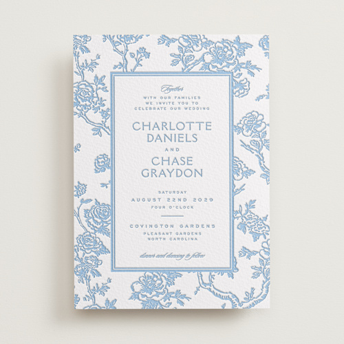 This is a sky blue letterpress wedding invitations with letterpress by Jenna Holcomb called classic toile printing on somerset500 in standard