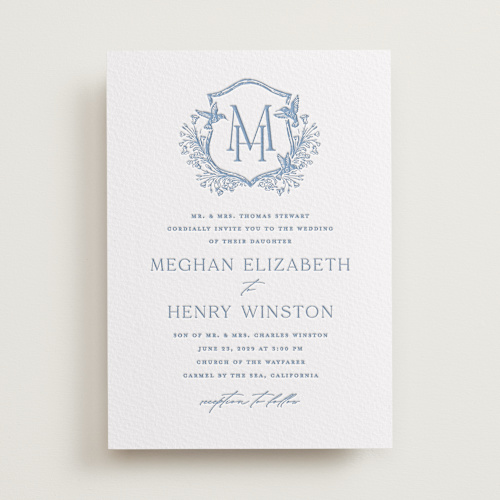 This is a provincial blue letterpress wedding invitations with letterpress by Erin Deegan called hummingbird botanicals printing on somerset500 in standard