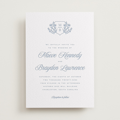 This is a provincial blue letterpress wedding invitations with letterpress by Hooray Creative called blue crest printing on somerset500 in standard