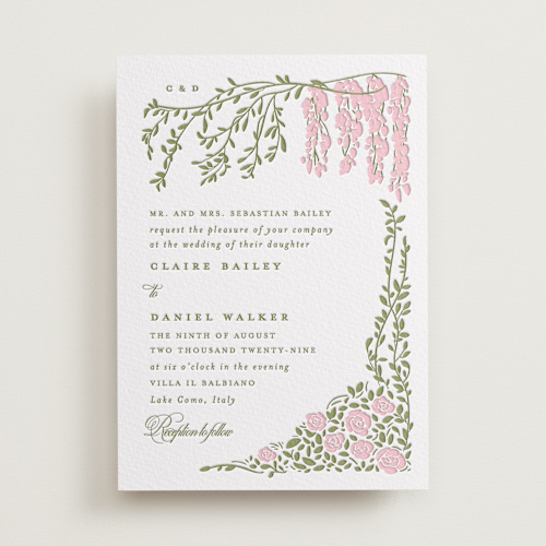 This is a pistachio letterpress wedding invitations with letterpress by Creo Study called vintage blooms printing on somerset500 in standard