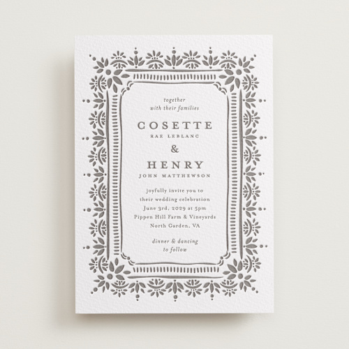This is a graphite letterpress wedding invitations with letterpress by Melanie Kosuge called cosette printing on somerset500 in standard