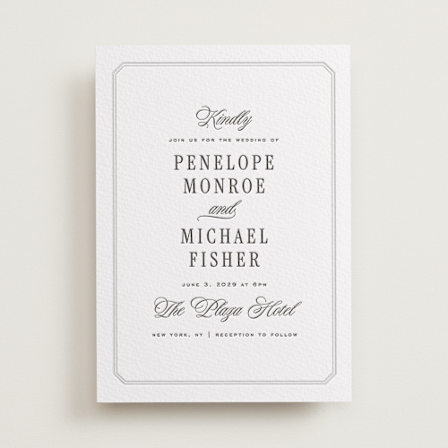 This is a soft black letterpress wedding invitations with letterpress by Leah Bisch called outlined printing on somerset500 in standard