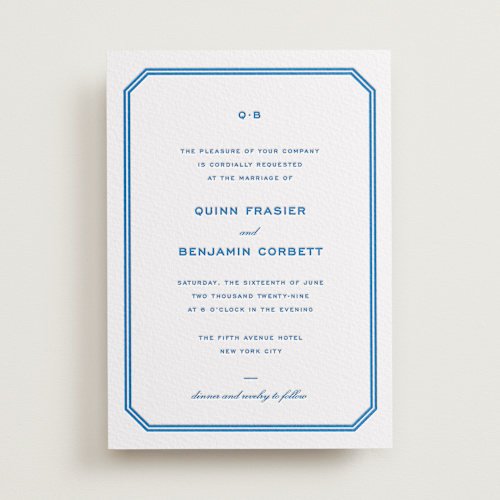 This is a sapphire letterpress wedding invitations with letterpress by Megan Davis called brasserie printing on somerset500 in standard