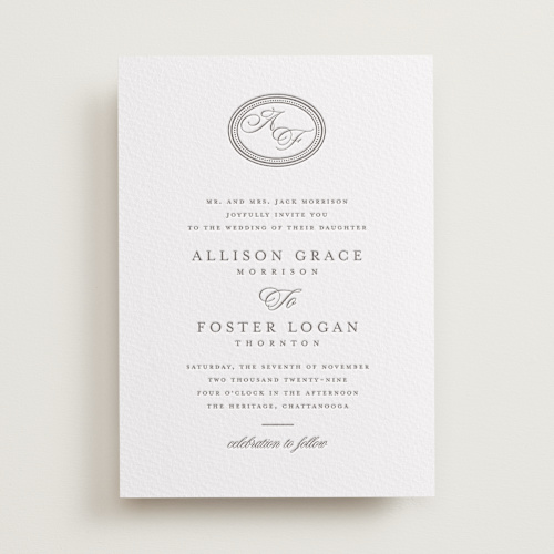 This is a graphite letterpress wedding invitations with letterpress by Jessica Williams called haverly printing on somerset500 in standard