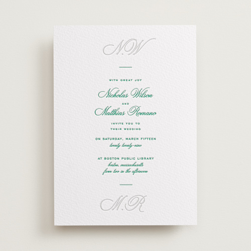 This is a shamrock letterpress wedding invitations with letterpress by Blustery August called keepsake printing on somerset500 in standard