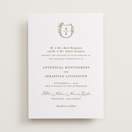This is a pistachio letterpress wedding invitations with letterpress by Lucrecia Caporale called botanical crest printing on somerset500 in standard