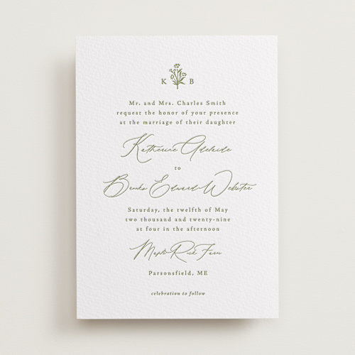 This is a pistachio letterpress wedding invitations with letterpress by Olivia Raufman called posy printing on somerset500 in standard