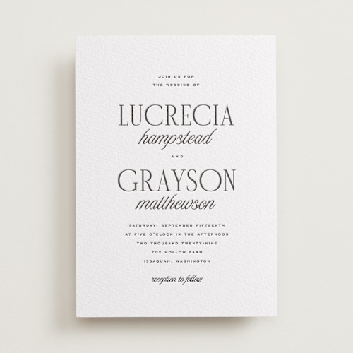 This is a soft black letterpress wedding invitations with letterpress by Kamala Nahas called grayson printing on somerset500 in standard