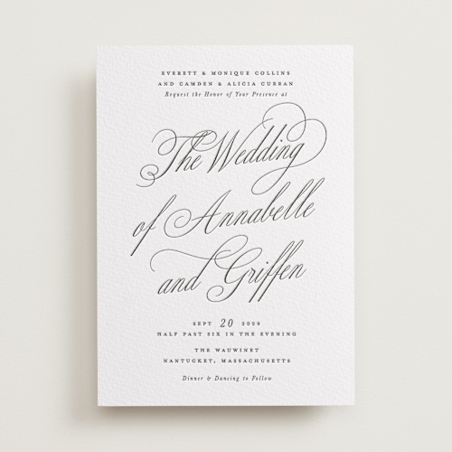 This is a soft black letterpress wedding invitations with letterpress by Susan Zinader called romantic script printing on somerset500 in standard