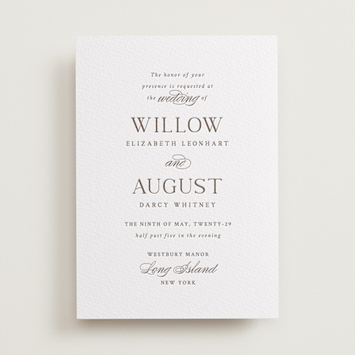 This is a coffee letterpress wedding invitations with letterpress by Snow and Ivy called willow printing on somerset500 in standard