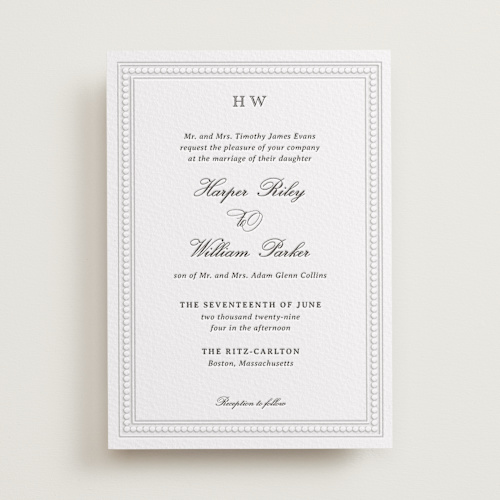 This is a soft black letterpress wedding invitations with letterpress by Jenna Holcomb called the ritz printing on somerset500 in standard