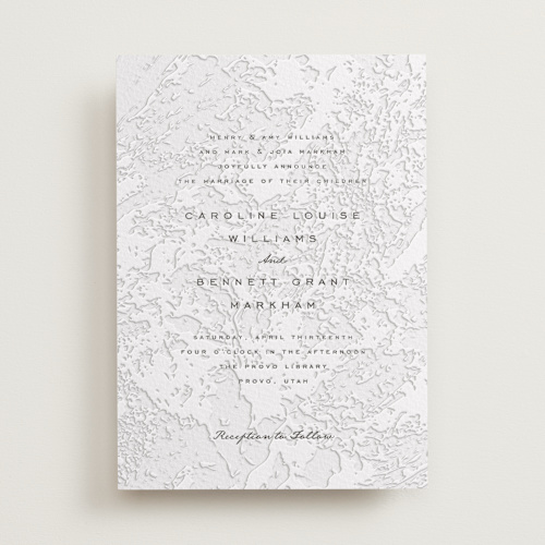 This is a soft black letterpress wedding invitations with letterpress by Erin L. Wilson called subtle marble printing on somerset500 in standard