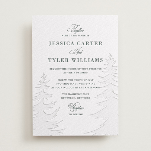 This is a stone letterpress wedding invitations with letterpress by Teju Reval called evergreen printing on somerset500 in standard