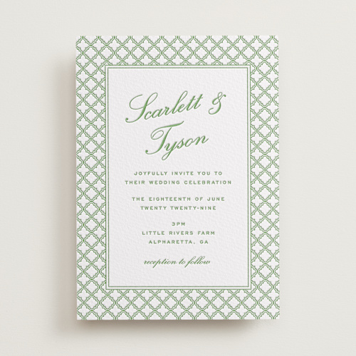 This is a pear letterpress wedding invitations with letterpress by Angela Garrick called garden trellis printing on somerset500 in standard