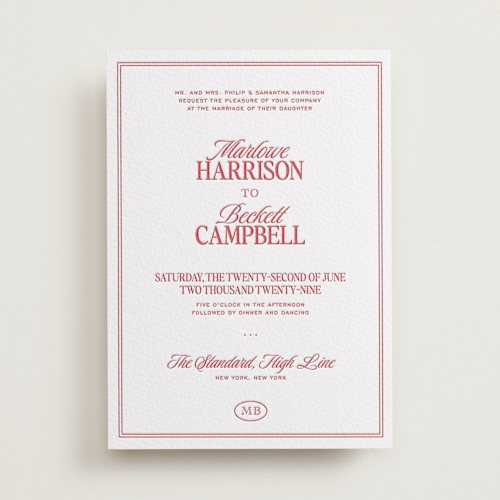 This is a scarlet letterpress wedding invitations with letterpress by Jenna Holcomb called vermilion printing on somerset500 in standard