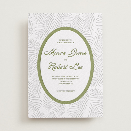 This is a pistachio letterpress wedding invitations with letterpress by Julia Liverton called palm shade printing on somerset500 in standard