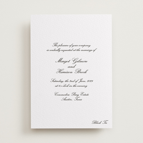 This is a soft black letterpress wedding invitations with letterpress by Megan Davis called cornelia printing on somerset500 in standard