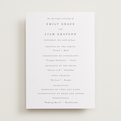 This is a soft black unique wedding programs with letterpress by Design Lotus called a thousand years printing on somerset500 in standard