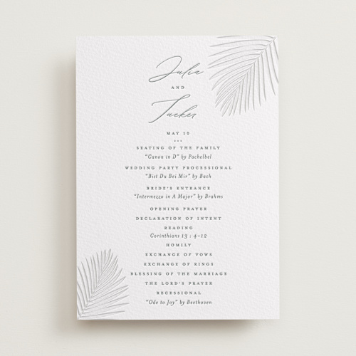 This is a stone unique wedding programs with letterpress by Lauren Chism called faded palm printing on somerset500 in standard