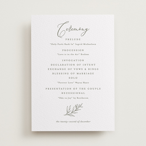 This is a moss unique wedding programs with letterpress by chocomocacino called creme au beurre printing on somerset500 in standard