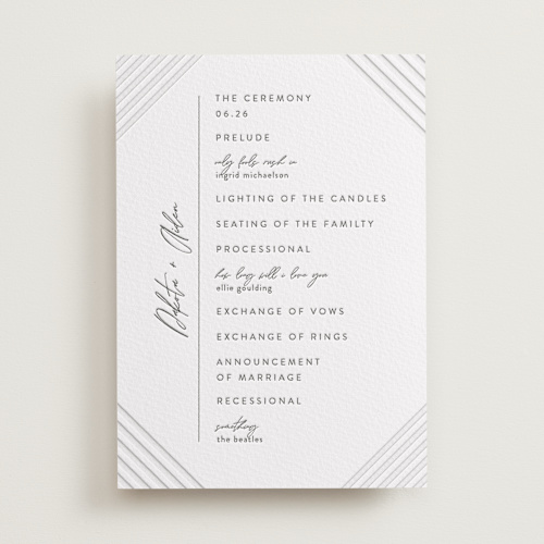 This is a pewter unique wedding programs with letterpress by Shannon Chen of Four Wet Feet Studio called art deco printing on somerset500 in standard