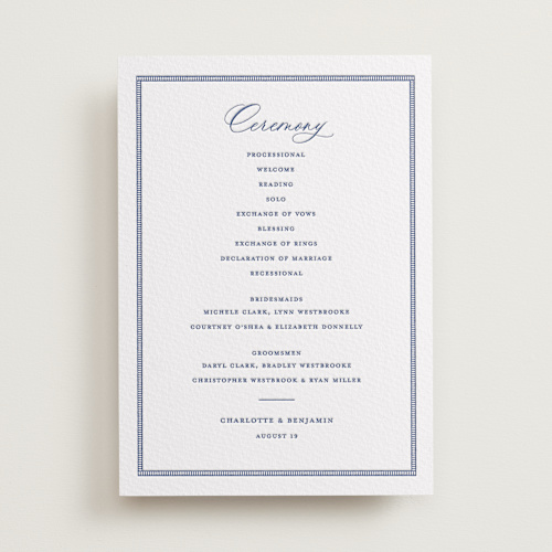 This is a lapis unique wedding programs with letterpress by Pixel and Hank called starboard printing on somerset500 in standard