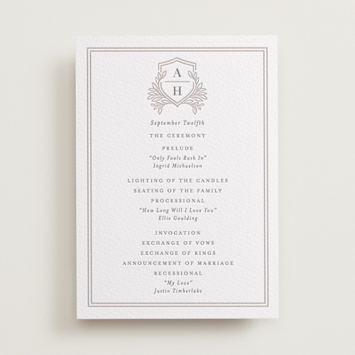 This is a dove grey unique wedding programs with letterpress by Mansi Verma called chic monogram printing on somerset500 in standard