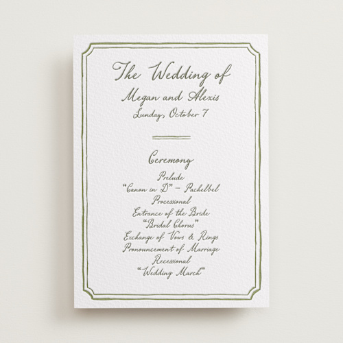 This is a moss unique wedding programs with letterpress by Cass Loh called handwritten printing on somerset500 in standard