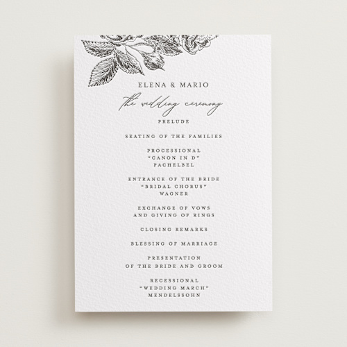 This is a soft black unique wedding programs with letterpress by Chris Griffith called etchings of roses printing on somerset500 in standard
