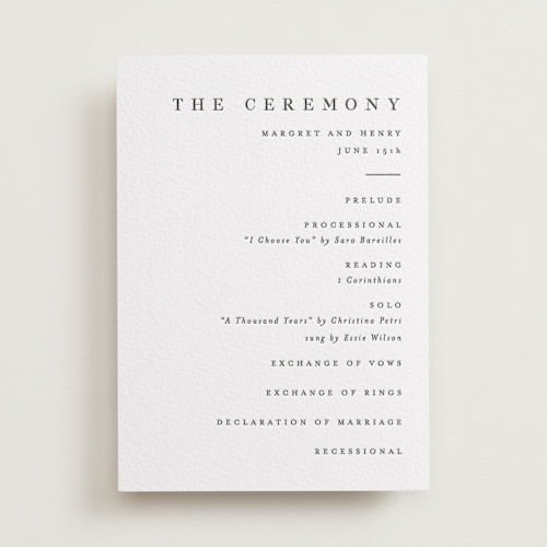 This is a soft black unique wedding programs with letterpress by Pixel and Hank called trio printing on somerset500 in standard