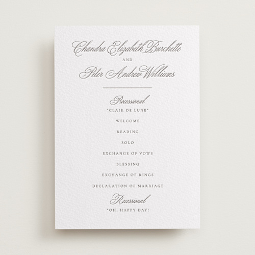 This is a graphite unique wedding programs with letterpress by Wildfield Paper Co called calligraphie printing on somerset500 in standard