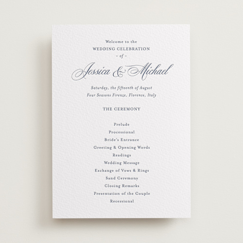 This is a aegean unique wedding programs with letterpress by Jennifer Postorino called empire printing on somerset500 in standard