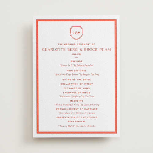 This is a verona sunset unique wedding programs with letterpress by Megan Davis called racquet printing on somerset500 in standard