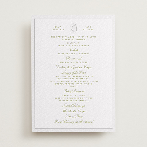 This is a avocado unique wedding programs with letterpress by Ani Somi called calia printing on somerset500 in standard