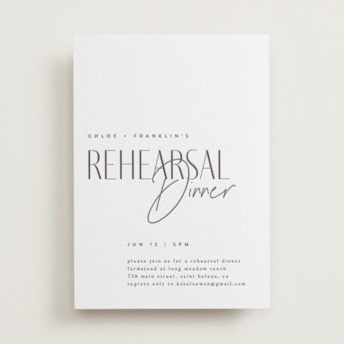 This is a soft black rehearsal dinner invitations with letterpress by Kelly Schmidt called layered printing on somerset500 in standard