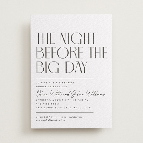 This is a soft black rehearsal dinner invitations with letterpress by Robert and Stella called modern stack printing on somerset500 in standard