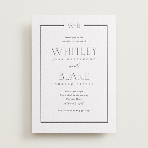 This is a soft black rehearsal dinner invitations with letterpress by Stacey Meacham called luster printing on somerset500 in standard