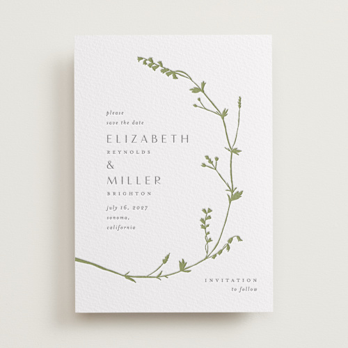 This is a pistachio save the date with letterpress by Amy Kross called vine wrap printing on somerset500 in standard