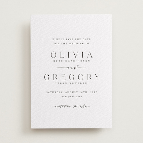 This is a soft black save the date with letterpress by Hooray Creative called classy type printing on coventry320 in 5x7
